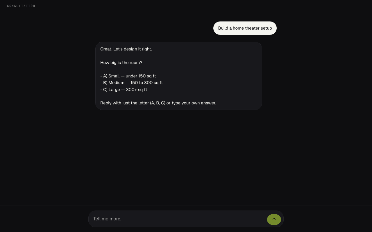 The consultation chat — AI asking focused multiple-choice questions